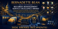 Alt Text: Dark blue and gold coloured image of a records, information, archives, library, museum, history and cultural heritage collection objects with the words “Bernadette Bean South Australia Records Management Service Excellence Award” displayed at the top of the image, and the words “2026 Award Recipients” displayed at the bottom of the image, used for promoting the 2026 BBSARM Award Nominations are closing soon
