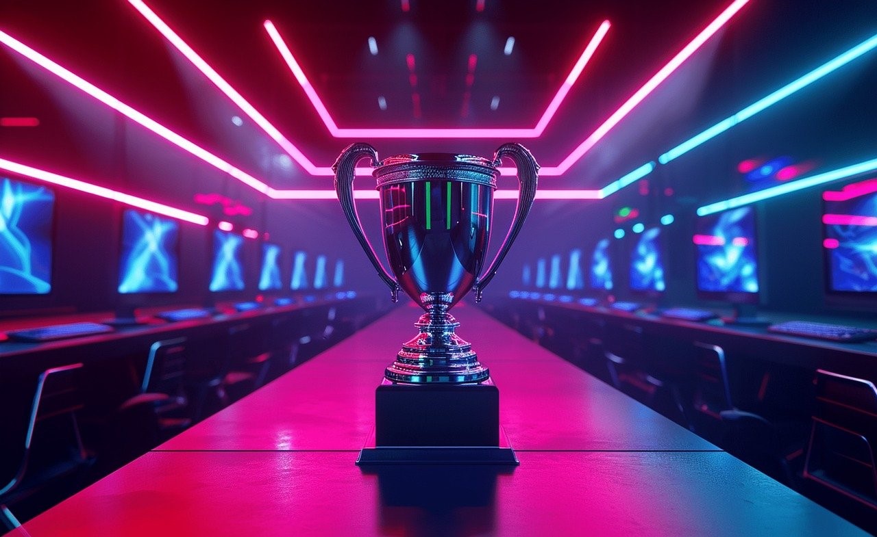 This is an image of a large silver awards trophy with handles sitting on a black base on top of a long boardroom or meeting room table. The table is surrounded by office chairs, large computer monitors and keyboards. The main background colours are purple, blue and pink.