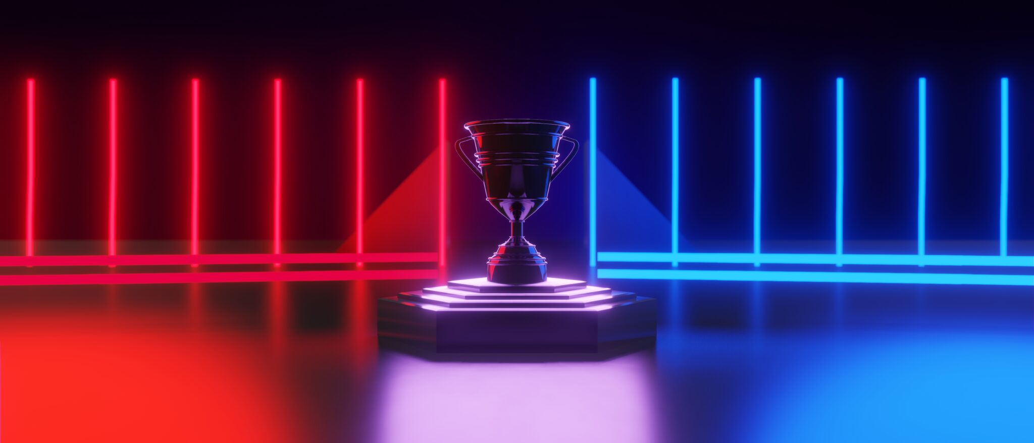 Coloured image of a large trophy placed on a podium centre stage.
